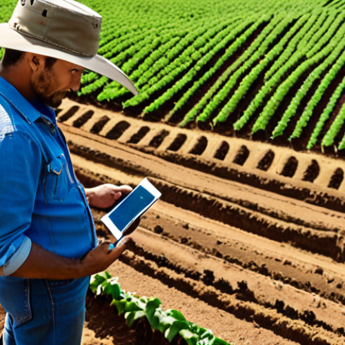 **Prompt:** A modern Brazilian farm from an elevated perspective. A vast, healthy field of coffee or soy is visible, with subtle, futuristic IoT sensors embedded in the soil. A sleek drone is flying overhead, contributing to the scene. In the foreground, a farmer, with a determined yet confident expression, is reviewing vibrant, real-time data graphics on a smart tablet, displaying optimal crop health and precise resource allocation. The overall image should convey precision agriculture, high-tech efficiency, and the transformation from guesswork to certainty, under bright, clear daylight.