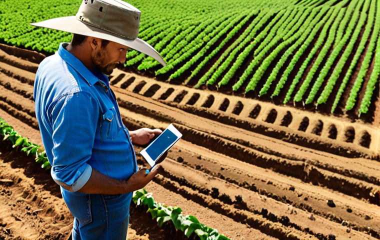 **Prompt:** A modern Brazilian farm from an elevated perspective. A vast, healthy field of coffee or soy is visible, with subtle, futuristic IoT sensors embedded in the soil. A sleek drone is flying overhead, contributing to the scene. In the foreground, a farmer, with a determined yet confident expression, is reviewing vibrant, real-time data graphics on a smart tablet, displaying optimal crop health and precise resource allocation. The overall image should convey precision agriculture, high-tech efficiency, and the transformation from guesswork to certainty, under bright, clear daylight.