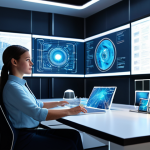 A professional virtual environment designer, fully clothed in a modest business casual outfit, sitting at a futuristic workstation. She is interacting with holographic 3D models of virtual architecture, with large transparent screens displaying intricate blueprints and immersive world designs. The background is a clean, modern design studio with soft ambient lighting. safe for work, appropriate content, professional, perfect anatomy, correct proportions, natural pose, well-formed hands, proper finger count, natural body proportions, high detail, realistic rendering.