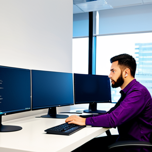 ** A professional software engineer, fully clothed in modest office attire, working at a computer in a bright, modern office space. The environment is clean and organized, with multiple monitors displaying code. The scene evokes innovation and productivity. Safe for work, appropriate content, perfect anatomy, natural proportions, professional, family-friendly.

**