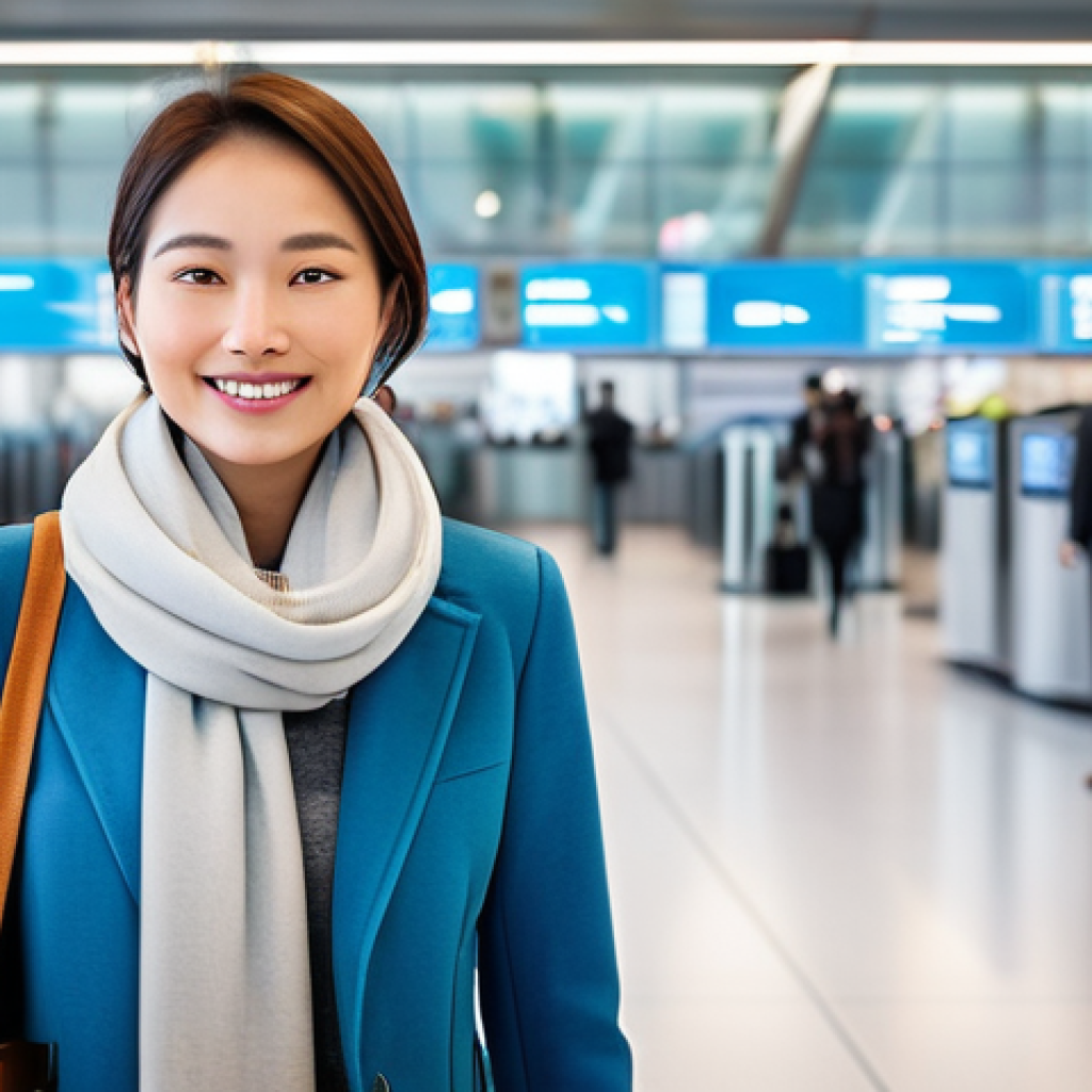 스마트 공항 시스템 개발자 - **Prompt:** A modern, brightly lit airport terminal during the day. A diverse group of travelers, we...