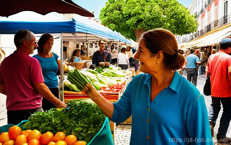 AI 콘텐츠 크리에이터 - **Prompt: "A vibrant, sun-drenched scene at a bustling Portuguese organic farmers' market. Families ...