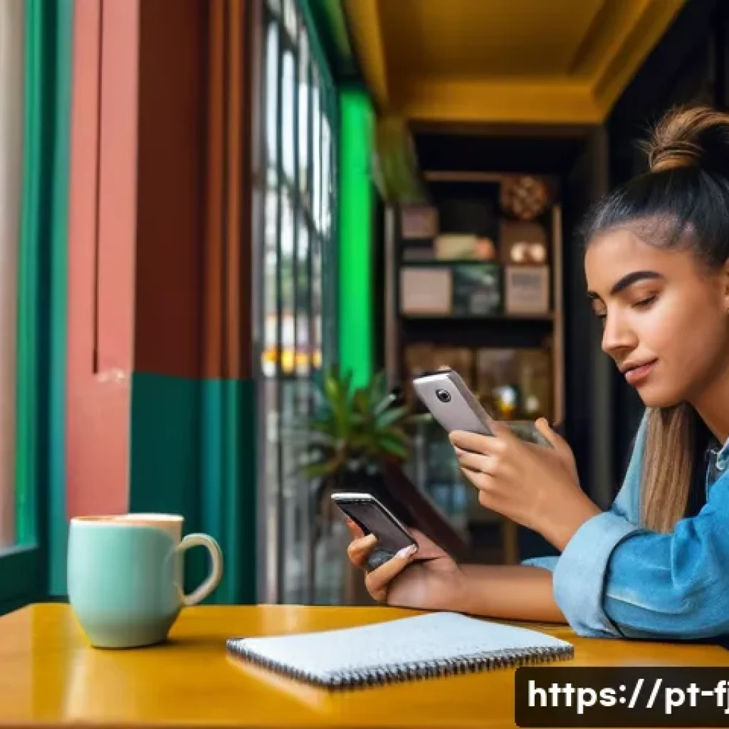 사이버 심리학자 - A young Brazilian woman sitting at a cozy cafe table in São Paulo, holding a smartphone with social ...