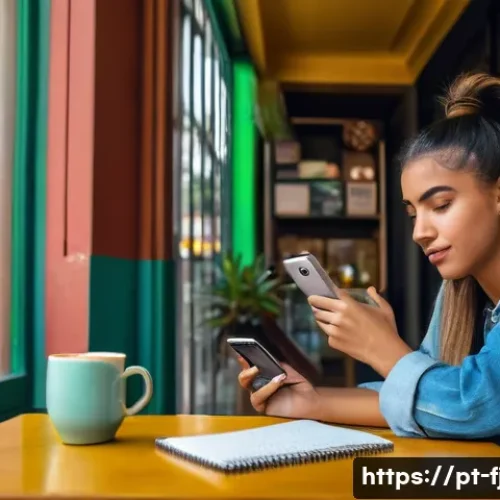 Home 31 사이버 심리학자 - A young Brazilian woman sitting at a cozy cafe table in São Paulo, holding a smartphone with social ...
