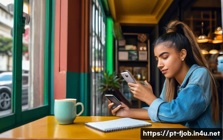 사이버 심리학자 - A young Brazilian woman sitting at a cozy cafe table in S&atilde;o Paulo, holding a smartphone with social ...