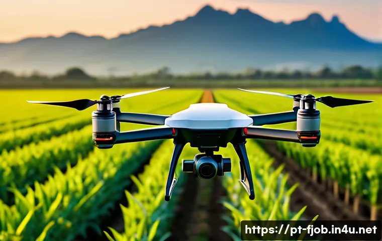 드론 조종사 및 엔지니어 - A detailed close-up of a professional drone in flight over a lush Brazilian agricultural field durin...