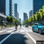 Home 23 도시 공학 및 스마트 인프라 개발 - A futuristic urban street scene in São Paulo, Brazil, featuring sleek autonomous vehicles smoothly n...
